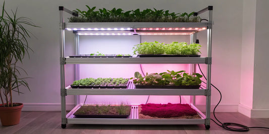Indoor plants thriving on shelves under the best full spectrum LED lights.