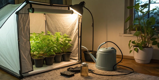 A complete grow tent kit for beginners with plants growing under a light.