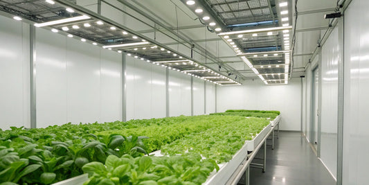 Best LED lights for vegetative growth over a canopy of healthy green plants.