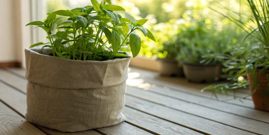 A healthy plant with vibrant green leaves thriving in a fabric pot.