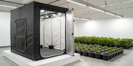Cheap wholesale grow tent kits, complete with lights and ventilation, set up for indoor growing.