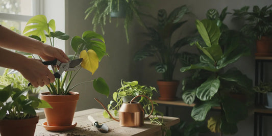 Hands carefully trimming a leafy houseplant with clean pruning shears