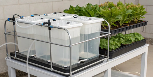 A complete DWC hydroponic system with a reservoir growing leafy greens.