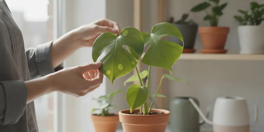 Indoor foliage plants being inspected for leaf spots and yellowing