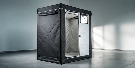 The AC Infinity 4x4 grow tent assembled indoors with its door open, showing the durable 2000D mylar interior.