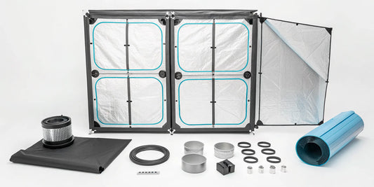 An AC Infinity grow tent kit with all parts laid out and ready for assembly.