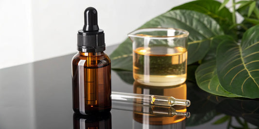 Advanced Nutrients Nirvana bloom booster in a bottle and beaker, ready to enhance flowering.