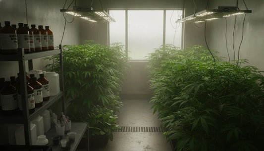 Thriving indoor plants next to liquid plant supplements in a modern cultivation grow room