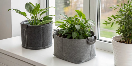 Healthy indoor plants growing in gray fabric pots on a windowsill.