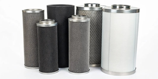 A 4 inch carbon filter for sale with a pre-filter, used for odor control in a grow tent.