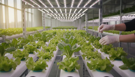 Leafy greens growing under LED grow lights in an indoor hydroponic garden