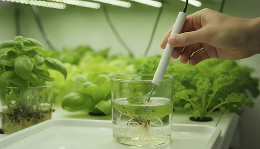 Digital pH meter testing a hydroponic nutrient reservoir