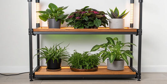 Full spectrum LED lights for indoor plants arranged on shelves.