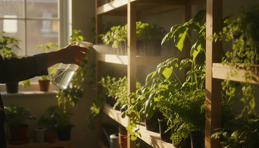Indoor plant being gently misted with water in a bright grow space