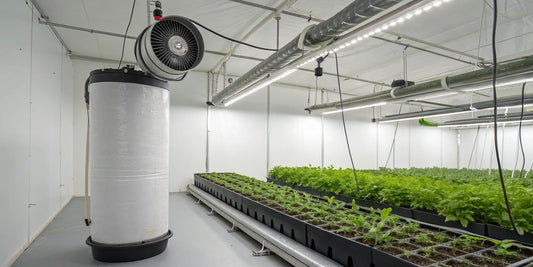 Carbon filter and ventilation fan installed in a grow room with plants.