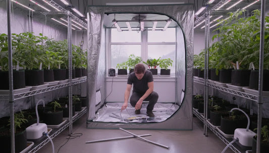 Indoor gardening enthusiast assembling a grow tent with leafy plants under LED grow lights