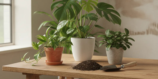 Indoor foliage plants growing in pots filled with a loose, well-draining potting mix