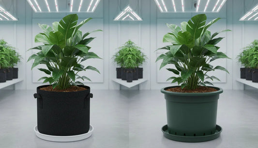 Healthy indoor plants in fabric and plastic pots