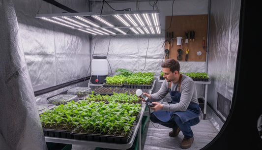 LED grow lights illuminating seedlings in an indoor gardening setup with measuring guide overlay