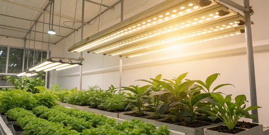 Indoor grow light systems illuminating rows of green plants.