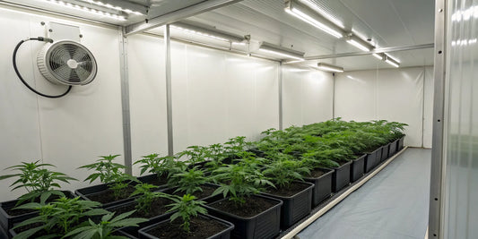 A temperature and humidity controller optimizing the climate in a grow room for healthy plants.