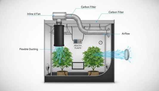 Grow tent ventilation system with inline fan and carbon filter