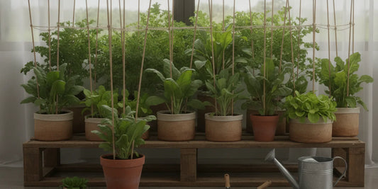 Indoor potted plants supported by stakes in a tidy growing space