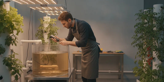 Grower calibrating an EC meter for hydroponics beside a hydroponic reservoir