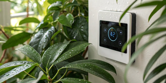 A digital humidity controller monitoring plants in a grow room.