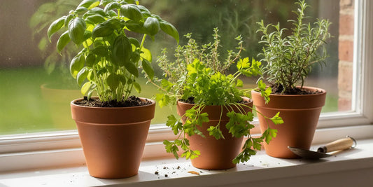 Potted culinary herbs growing on a bright indoor windowsill