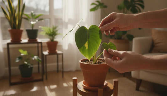 Hands inspecting a healthy indoor houseplant in a bright living room