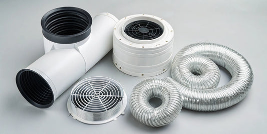 A complete 4 inch inline fan ventilation kit with ducting and a controller.