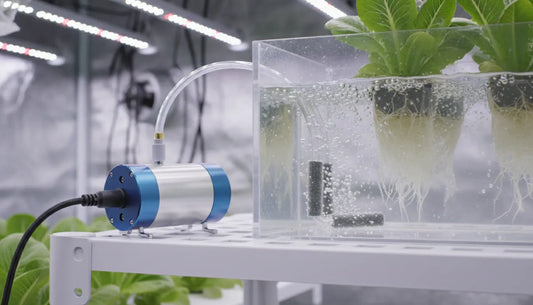 Hydroponic air pump connected to air stones in a clear reservoir with rising bubbles