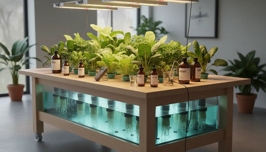 Hydroponic nutrient bottles with pH and EC meters in an indoor garden