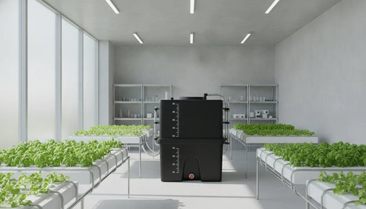 Hydroponic grow room with nutrient reservoir and leafy plants