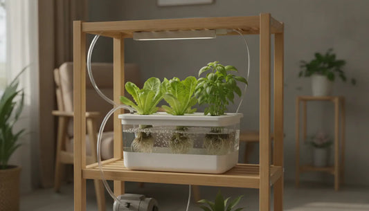 Compact hydroponic system growing lettuce and basil indoors