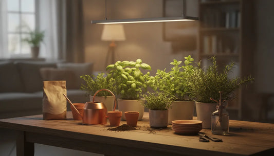 Indoor gardening supplies arranged for a home growing setup