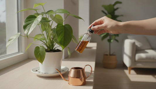 Watering and feeding a leafy indoor houseplant with liquid plant food on a bright windowsill