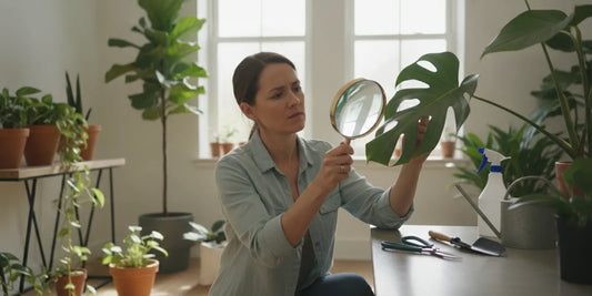 Indoor gardener inspecting a leafy plant for signs of pests