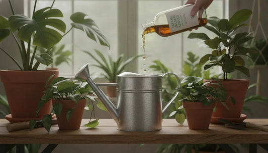 Organic liquid seaweed fertilizer in a watering can being used on indoor plants