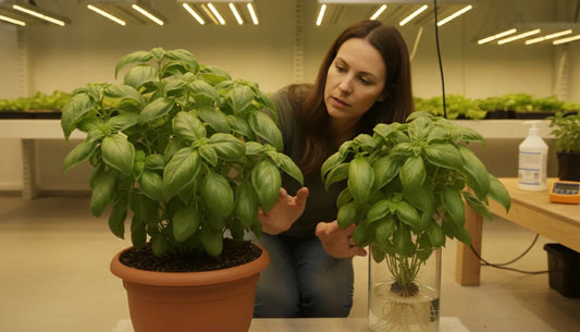 Indoor gardener comparing organic vs synthetic nutrients for healthy plants