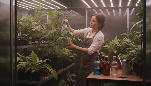 Healthy indoor plants growing in nutrient-rich soil under indoor garden lighting