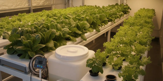 Indoor hydroponic growing area with clean grow media and plants arranged around a covered reservoir