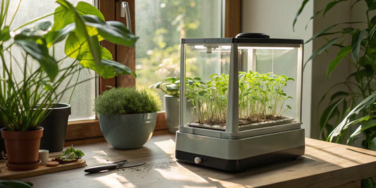 Plant cloning machine with healthy young plant cuttings developing new roots.