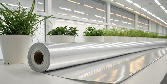 Reflective mylar roll next to plants, used to boost light for better indoor plant growth.