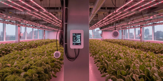 Indoor grow room with a wall-mounted CO2 controller and sensor positioned near plants