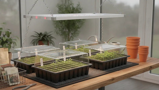 Organized indoor seed starting supplies under a grow light