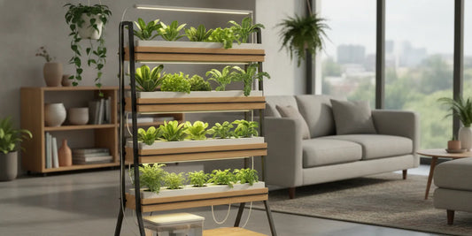 Vertical indoor garden with leafy plants growing on stacked shelves under grow lights