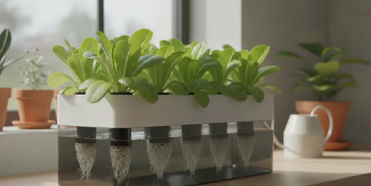 Leafy greens growing above a still nutrient solution in a clear indoor hydroponic reservoir