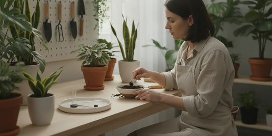 Indoor gardener preparing a soil sample beside a pH testing kit and a potted plant